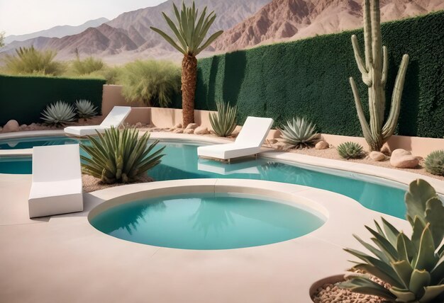 A small round pool with two white lounge chairs and decorative plants in a backyard with a mountain