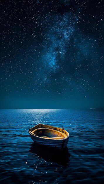 Small rowboat floating on a serene ocean under a star filled night sky