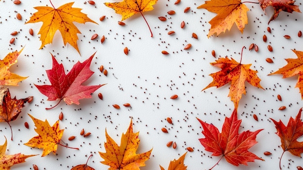 Small rust red and honey yellow autumn leaves with mini maple seeds on a white backdrop Minimalisti