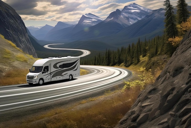 a small rv driving a winding road in the mountains