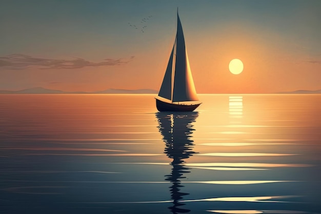 Small sailboat sailing at sunset Created with generative AI technology