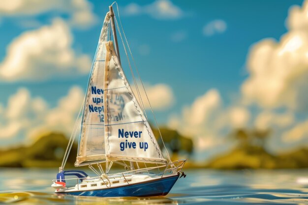 Photo small sailboat with never give up message