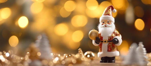 A small santa statue is sitting on a table with a bunch of Christmas decorations