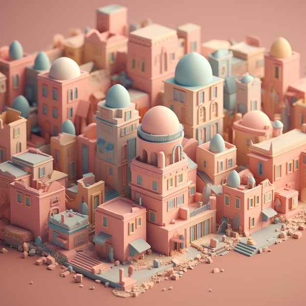 A small scale model of a city with a pink building and blue dome.