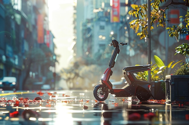 a small scooter is on the street with flowers on the ground