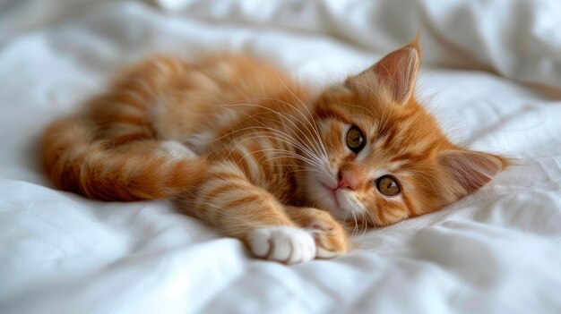 A Small Scottish Kitten Lying Down On A White Bed Embodying Relaxation And Coziness