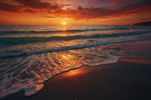 A small secluded beach with a dramatic redorange suns