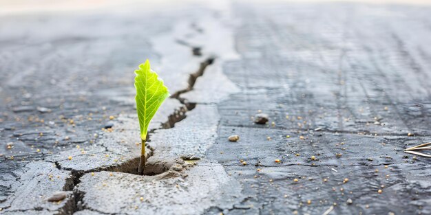 Photo a small seedling sprouting through cracked pavement symbolizing resilience