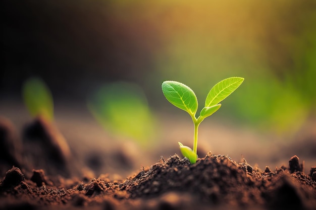 Small seedling of a young plant on the ground with a green bokeh background