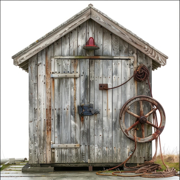 Photo a small shed with a boat and a wheel and a wheel on the side