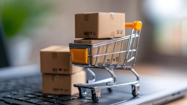 A small shopping cart filled with cardboard boxes is placed on a laptop keyboard illustrating the connection between online shopping and delivery services during a busy retail season