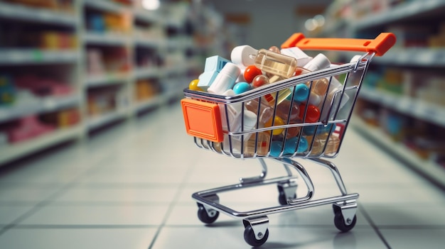 A small shopping cart full of colorful pills and capsules on a blurred background of a pharmacy with a copy space