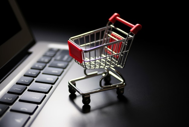 A small shopping cart sits on a laptop keyboard.