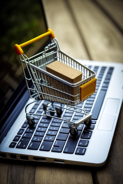 Small shopping cart sitting on top of laptop computer keyboard with cardboard box in the bottom of the cart Generative AI