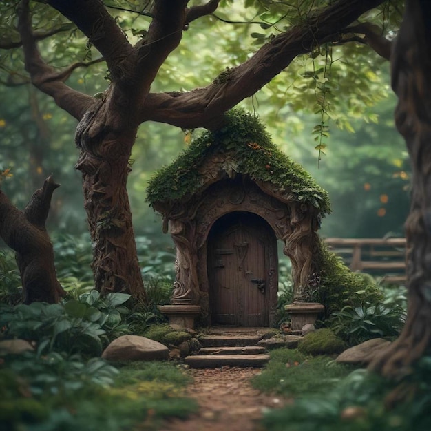 a small shrine with a tree growing around it