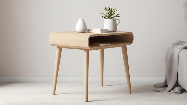 a small side table with a plant on it and a pot on the side