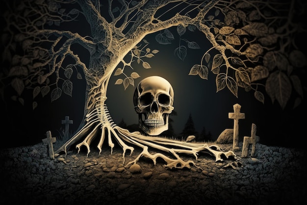 Small skull and two human bones against background of dark trees skeletons relax