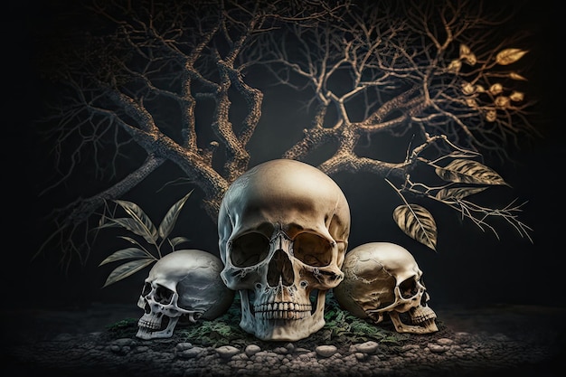 Small skull and two human bones against background of dark trees skeletons relax