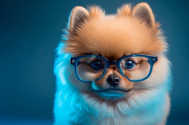 Small smiling dog Spitz with glasses on the background Generative AI