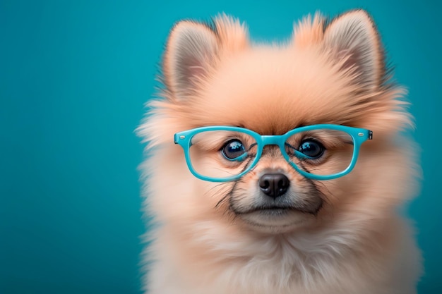 Small smiling dog Spitz with glasses on the background Generative AI