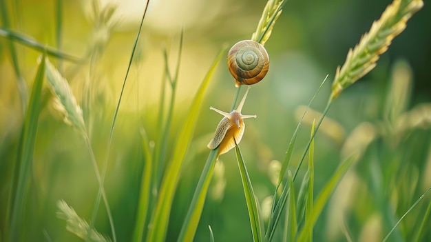 A small snail sits on a tall blade of grass Generative Ai