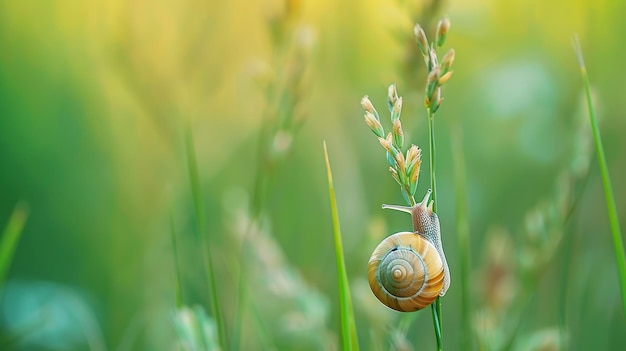 A small snail sits on a tall blade of grass Generative Ai