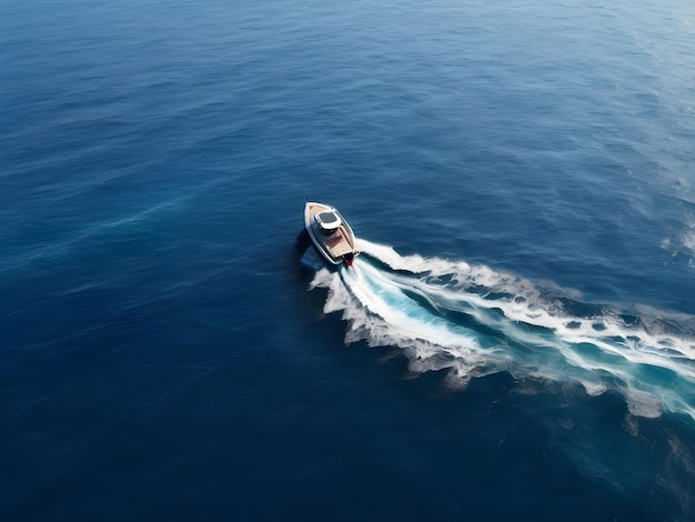 a small speed boat a moving curve in deep ocean top drone view 4k detailing