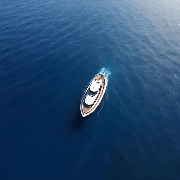 A small speed boat a moving curve in deep ocean top drone view 4k detailing