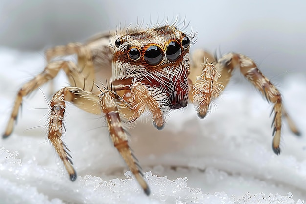 A small spider jumping on the white background macro photography minimalism