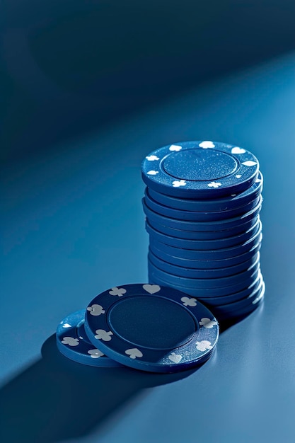 Photo a small stack of blue poker chips closeup on background