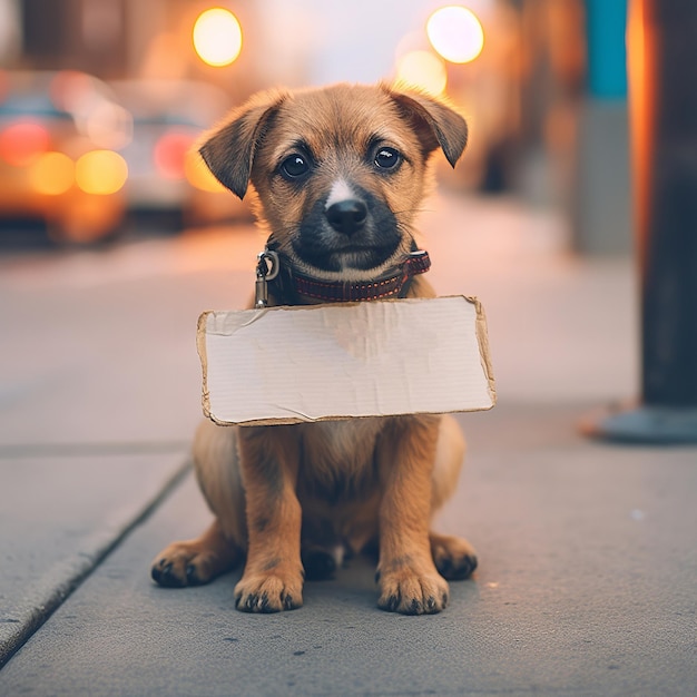 small stray puppy on the street with a blank cardboard sign