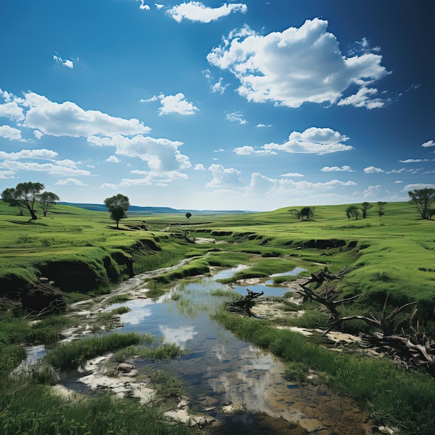 a small stream in a green field with trees in the background