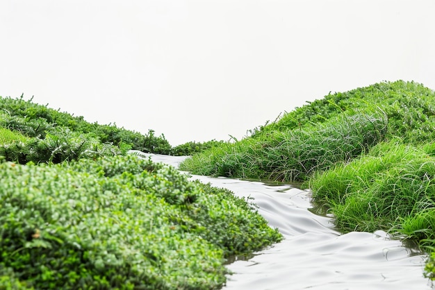 a small stream of water with moss and a white background