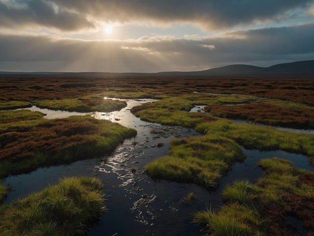 Photo a small stream of water with the sun shining through the clouds