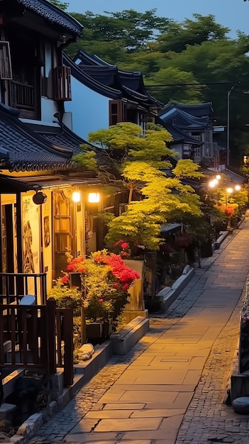 a small street with a lantern and flowers on the right.