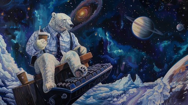 a small stuffed polar bear wearing a shirt and tie standing in space generative ai