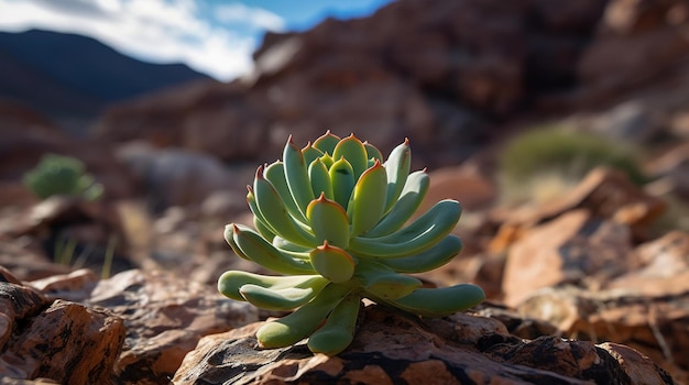 A small succulent plant sits on a rock in the desert.