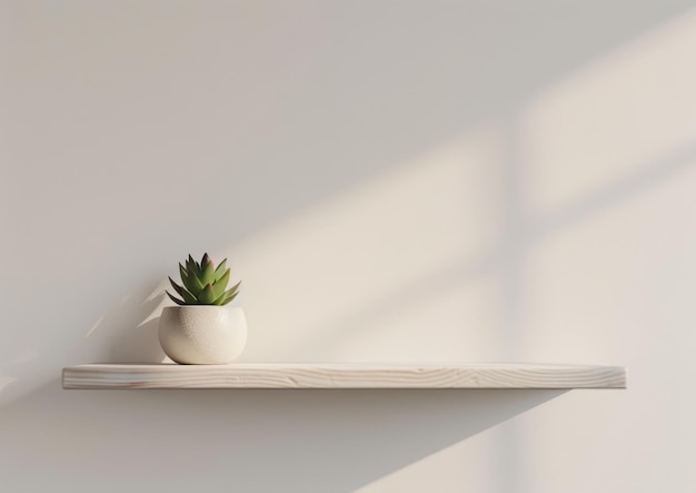 Photo a small succulent plant in a white pot sits on a wooden shelf against a white wall bathed in soft sunlight