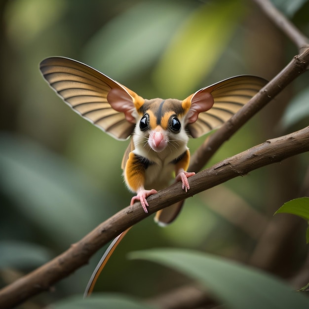 A small sugar glider with a long tail sits on a branch