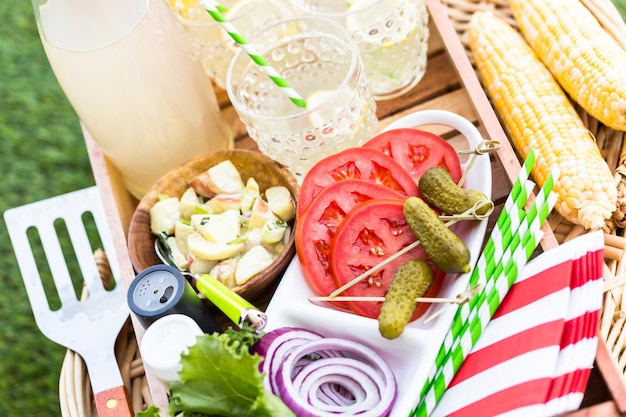 Small summer picnic with lemonade and hamburgers in the park.