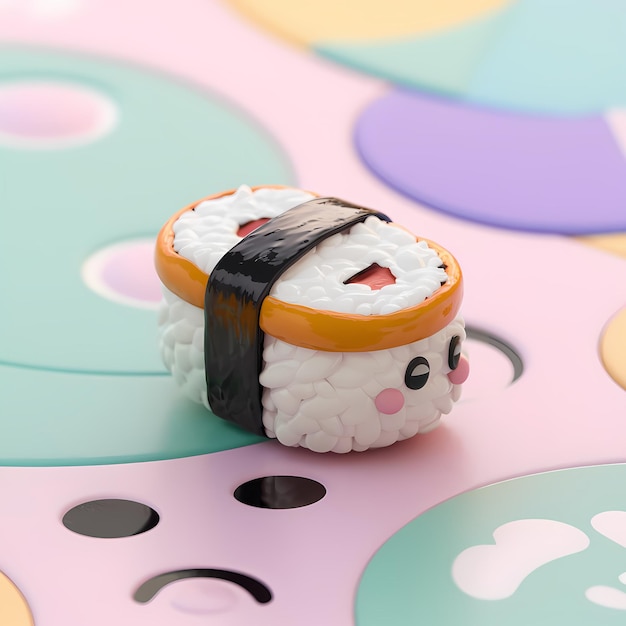 a small sushi with Kawai face on it sits on a colorful table