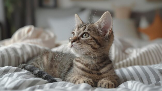 A Small Tabby Grey Cat Sits On The Bed Resting And Relaxing In The Room