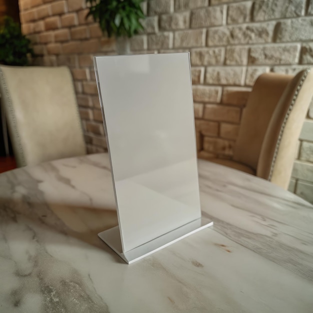 Photo small table standee mockup displayed on a marble dining table generative ai