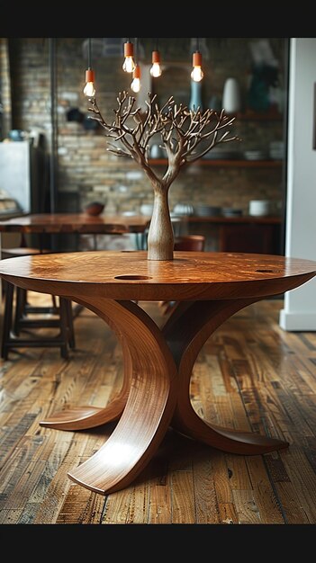 a small table with a tree on it sits in a living room