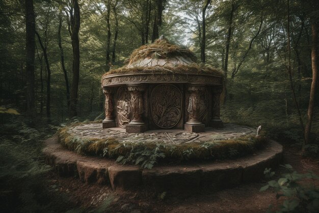 A small temple in the forest with the word " the word " on the top.