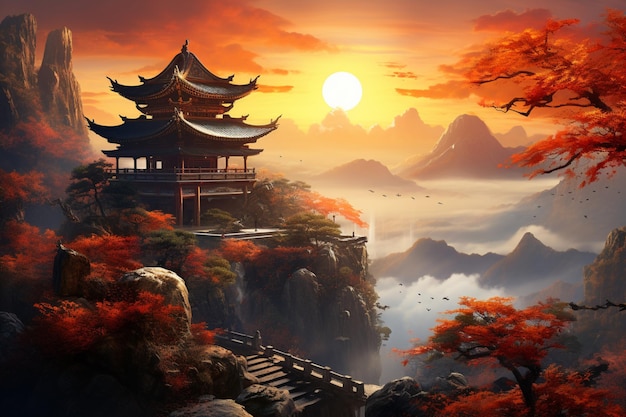 a small temple sits on top of a mountain at sunset high quality