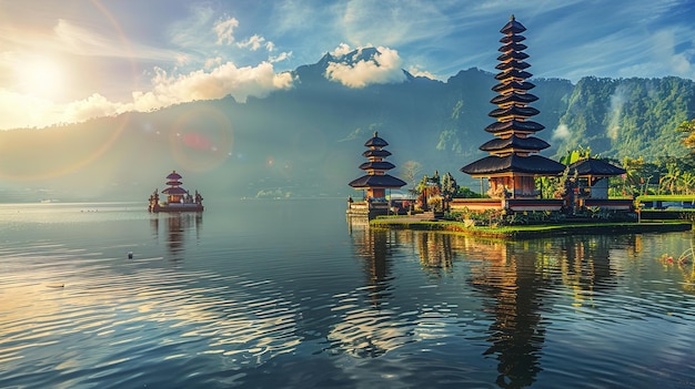 a small temple on the water with a boat in the background