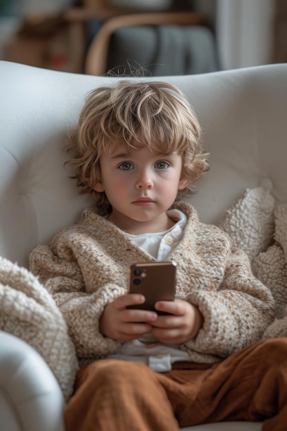 Small toddler boy is sitting on sofa at home playing with smartphone