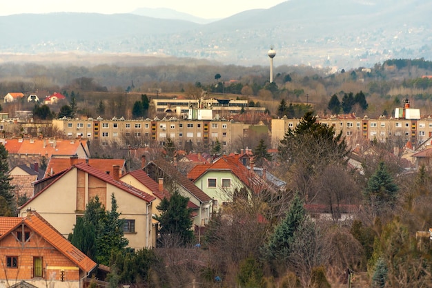 Small town cityscape view of the downtownHungary panorama