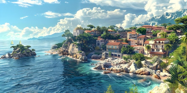 Small town on the Mediterranean Sea background Ai Generated